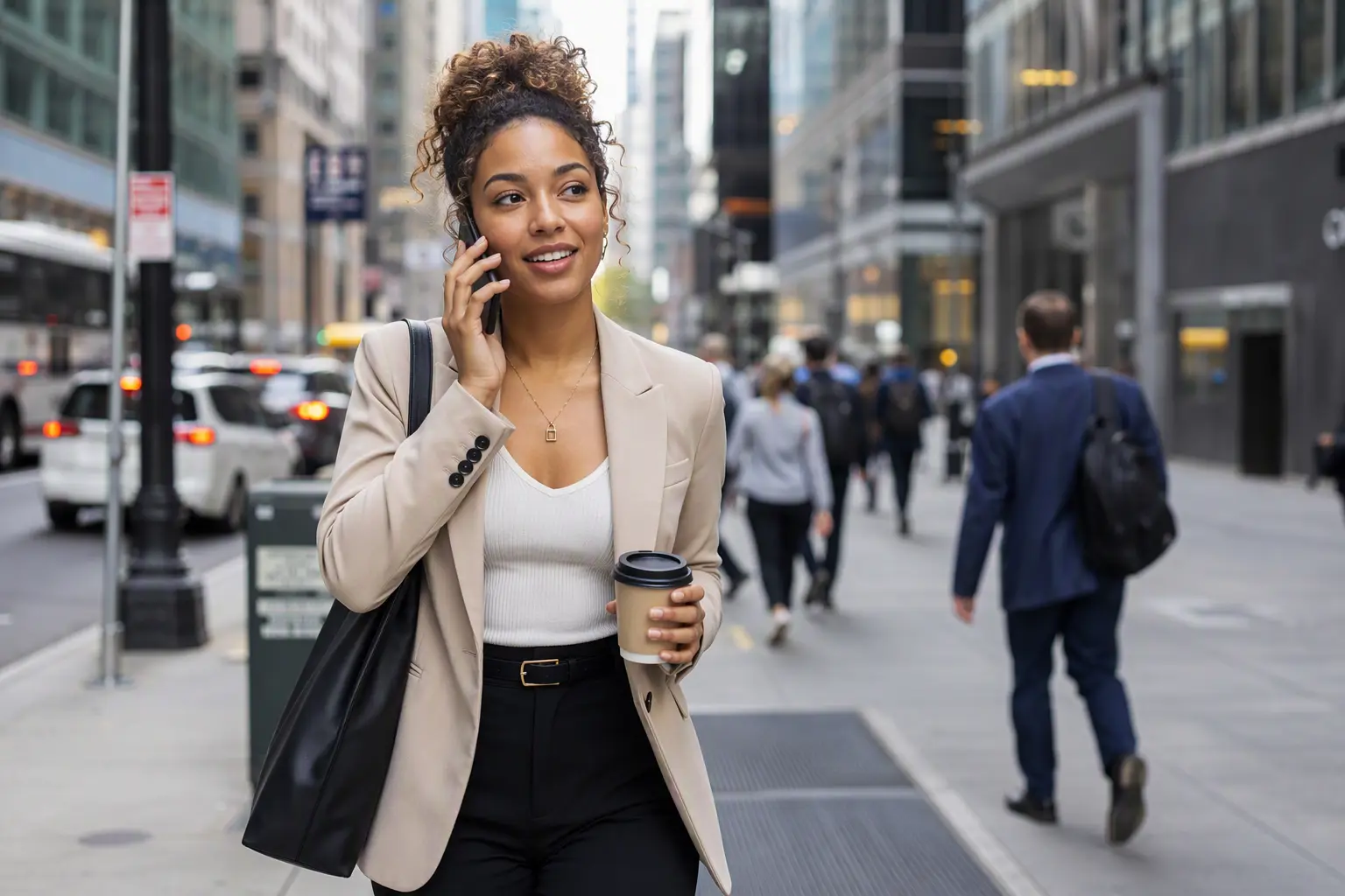 Trendy mixed-race young woman walking to work in a busy city while talking on her mobile phone