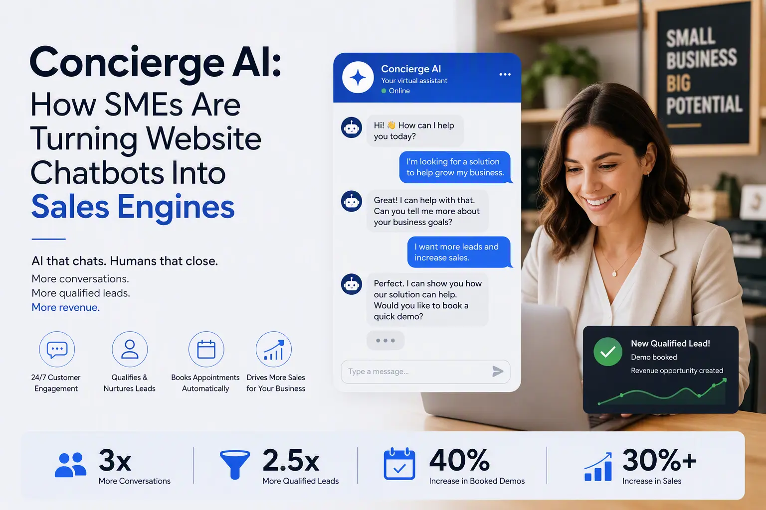 Create an image that relates to this: Concierge AI: How SMEs Are Turning Website Chatbots Into Sales Engines